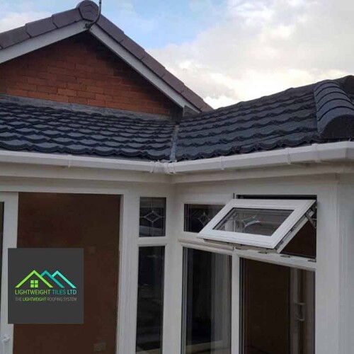 12 p shaped conservatory with grey recycled roof tiles