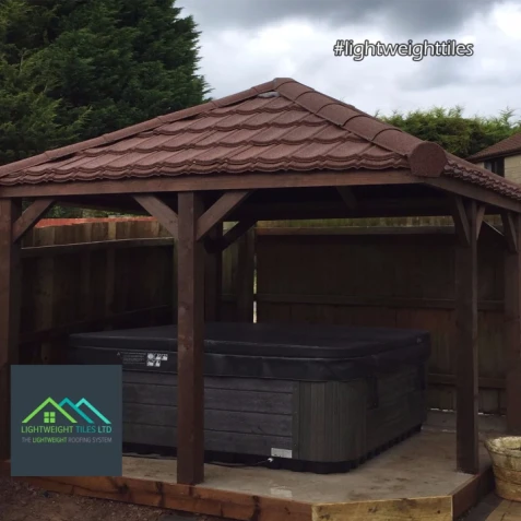 Brown Gazebo with new fitted lightweight roof tiles WEB 2
