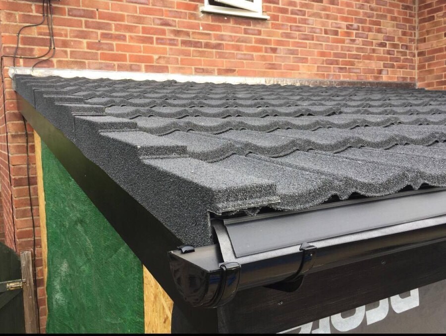 lean to with recycled lightweight roof tiles in grey