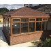 Double Hipped conservatory with new brown roofing tiles 