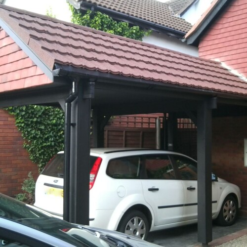 car port using brown recycled roof tiles